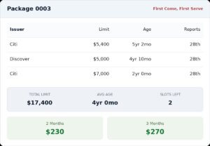 Tradeline Packages - this image shows an example of a Tradeline Package from Tradeline Express. It includes Discover Bank and 2 Citi tradelines