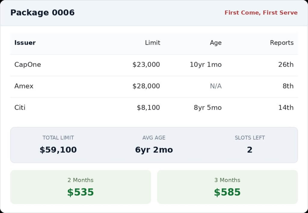 Tradeline Packages - this image shows an example of a Tradeline Package from Tradeline Express. It includes Capital One, Amex, and Citi tradelines